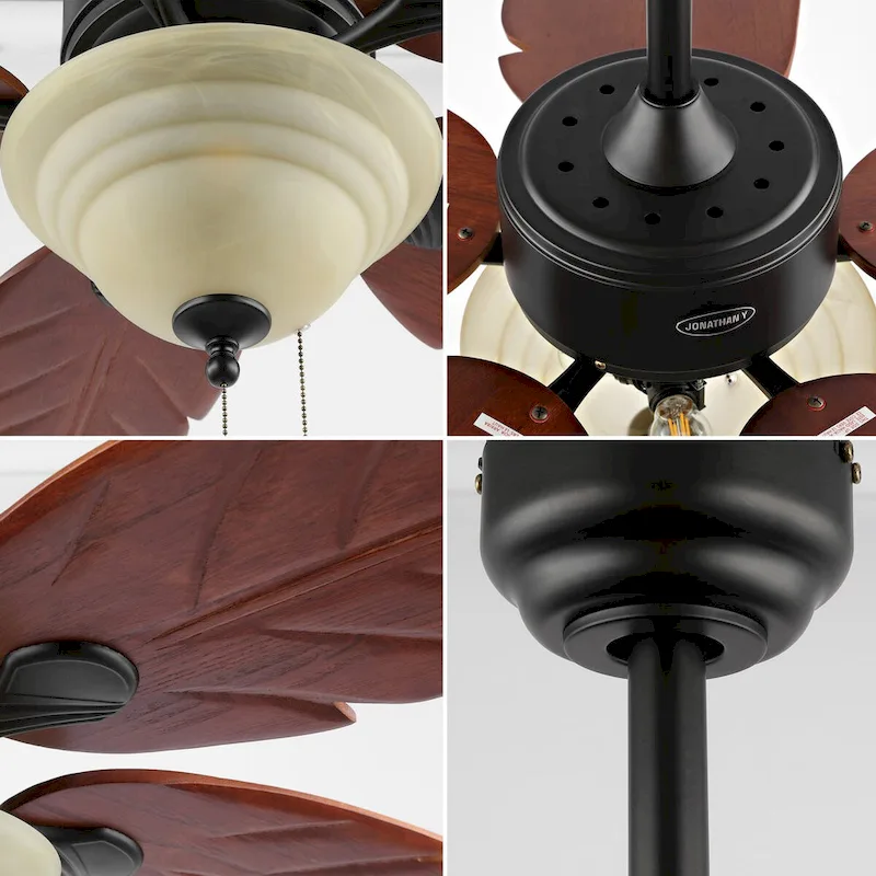 Owen 52  3-Light Coastal Bohemian Iron/Wood Palm Leaf LED Ceiling Fan with Pull Chain, by JONATHAN Y