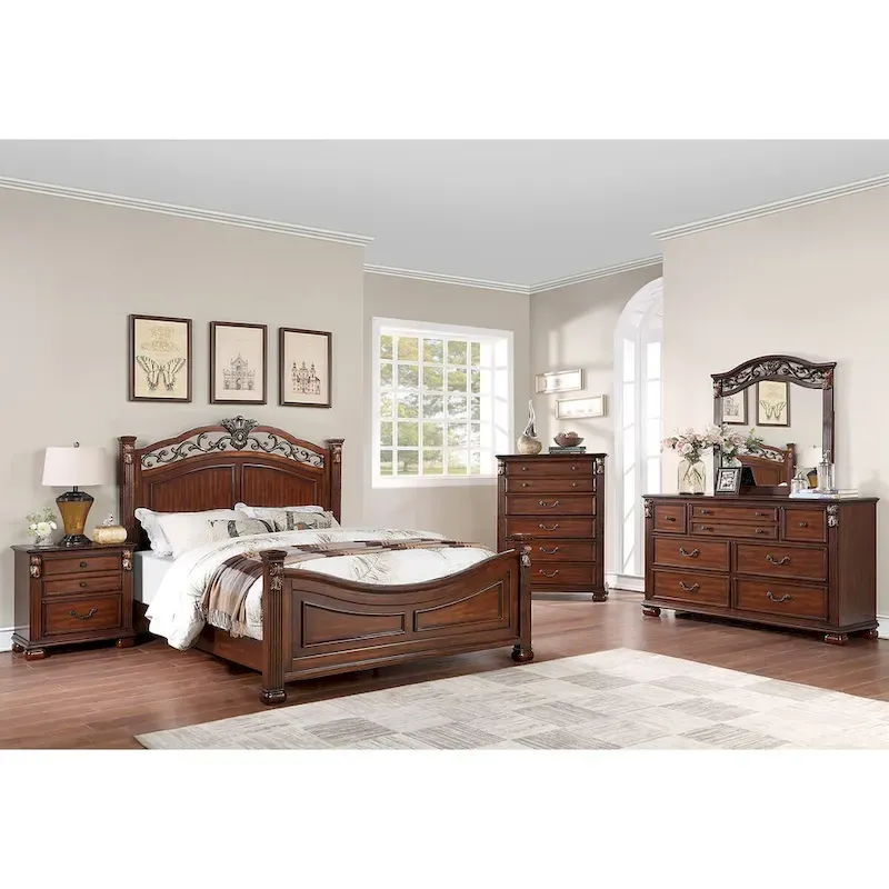 Wooden Bed with Crafted Headboard in Dark Cherry