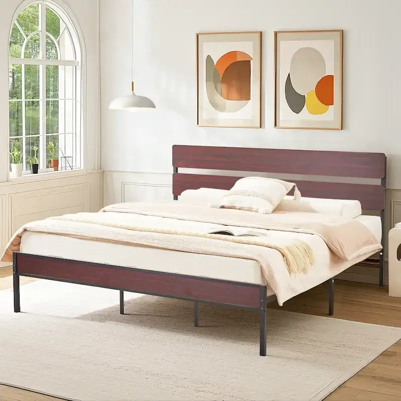 Javlergo Industrial Iron Bed Frames with MDF Headboard - Space-Saving & Durable