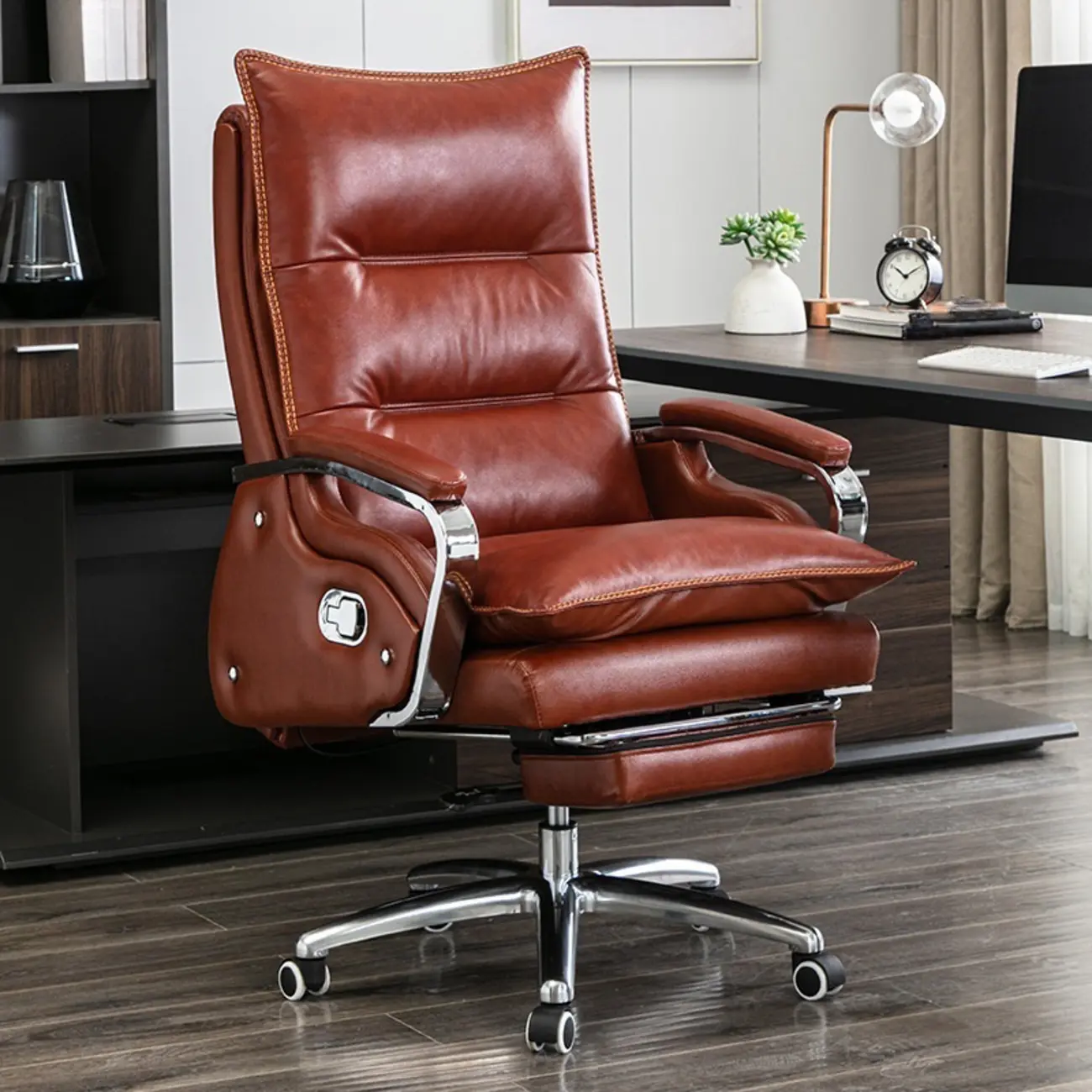 Executive Reddish Brown Leather Reclining Office Chair