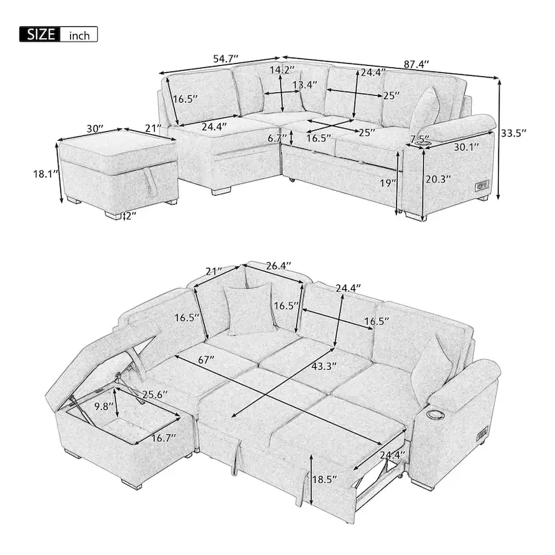 87.4 Sleeper Sofa Bed,2 in 1 Pull Out sofa bed L Shape Couch with Storage Ottoman for Living Room,Bedroom Couch and Small Apart