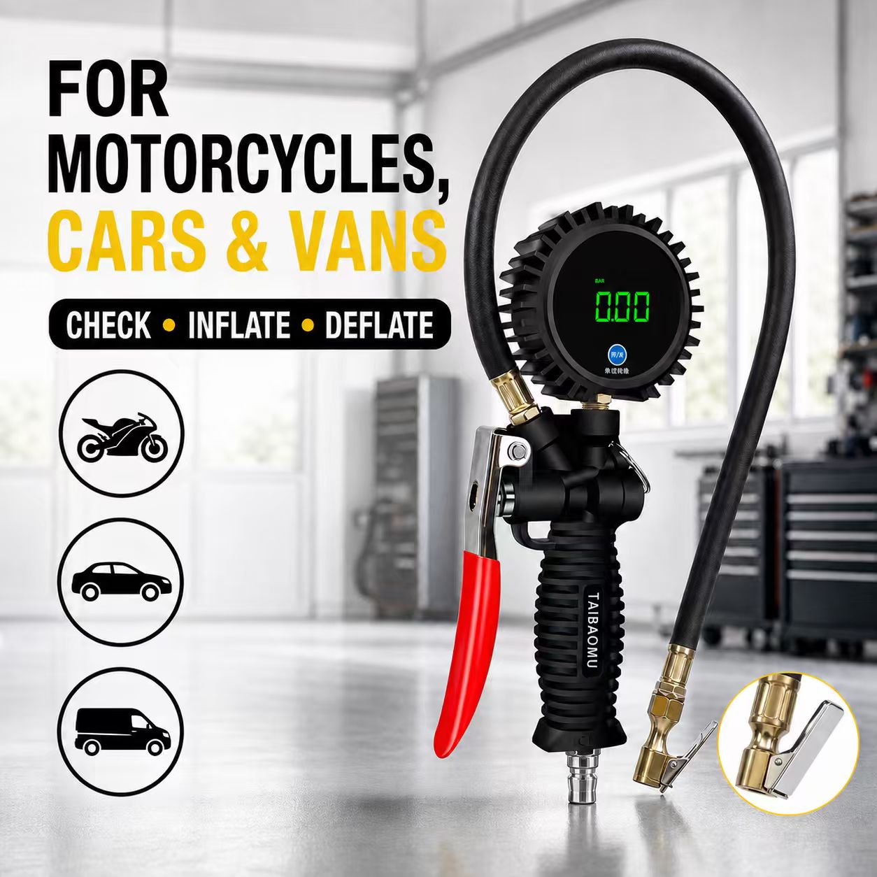 TB‑805 Digital Tire Pressure Inflator Gauge, High Precision LED Display Tire Inflator Gun for Car Van Motorcycle for cars, trucks, RVs and garages