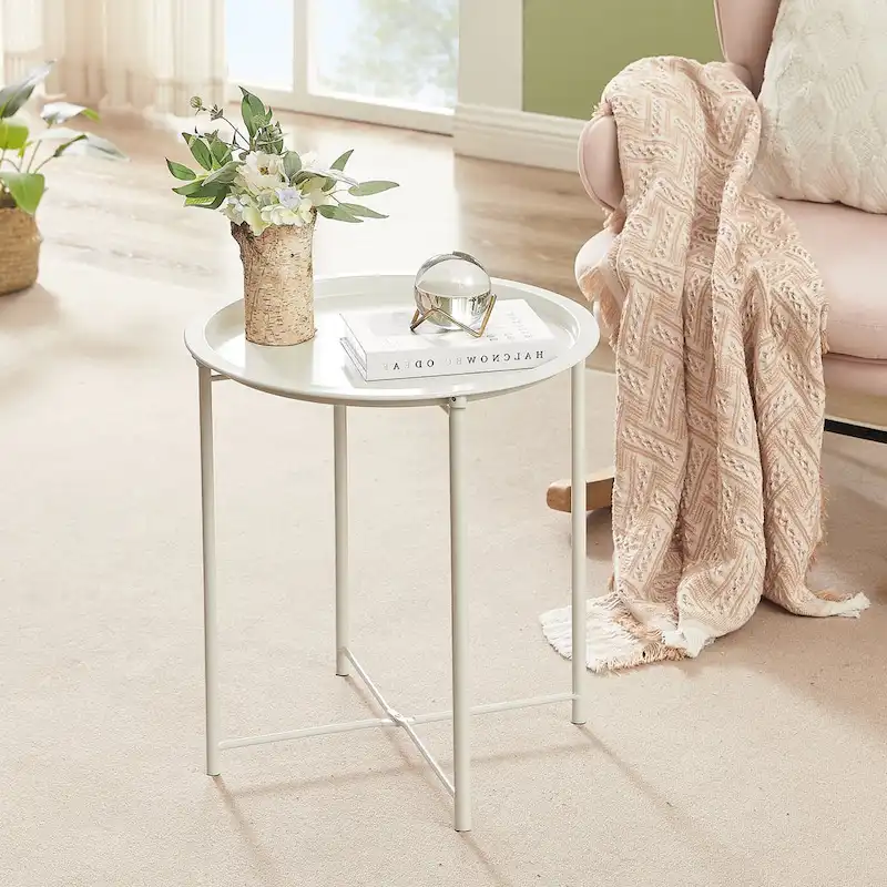 Modern Side Table with Round Removable Tray, Beige