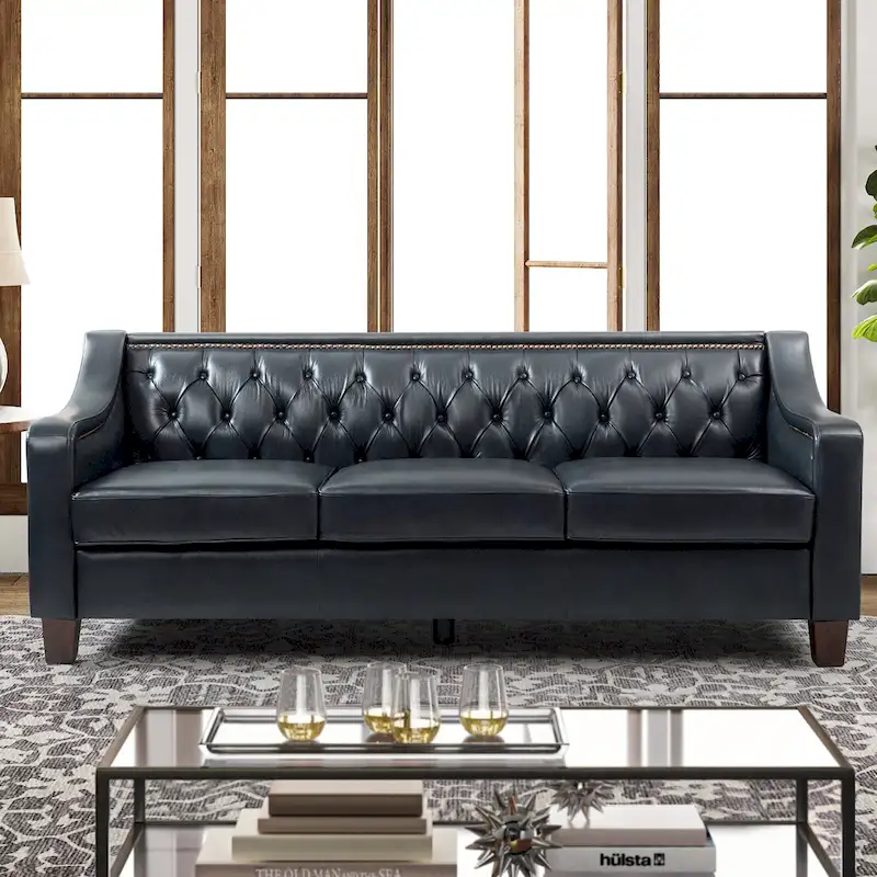 Mateo 82.28 Wide Transitional Genuine Leather Sofa with Nailhead Trim and Button-Tufted Back