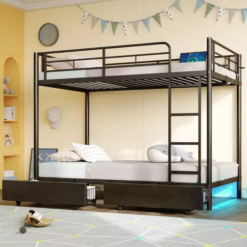 Greenstell Metal Bunk Bed, Bed Frame with Storage Drawers & Charging Station and LED Light ,with Safety Guardrail & Ladders Black