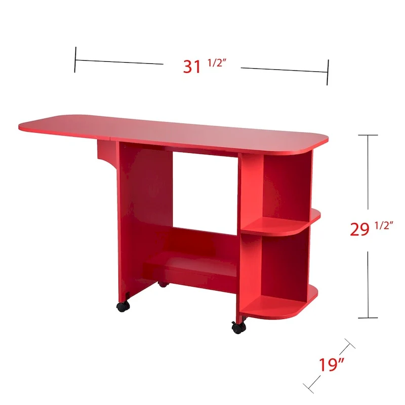 Farmhouse Red Foldable Rolling Sewing Table with Side Shelves