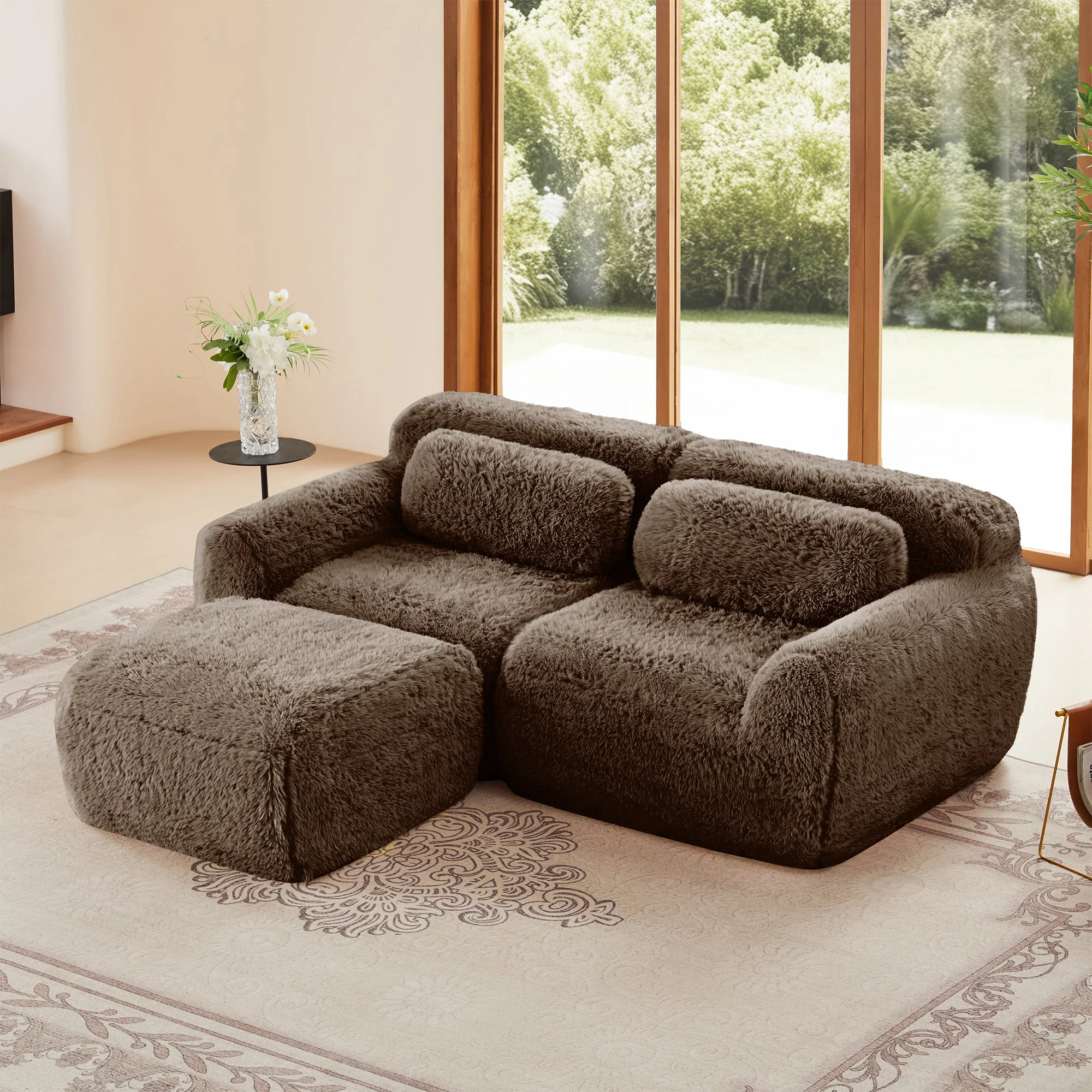 Soft Teddy Plush Ergonomic Design L-shaped Loveseat Sofa with Ottoman