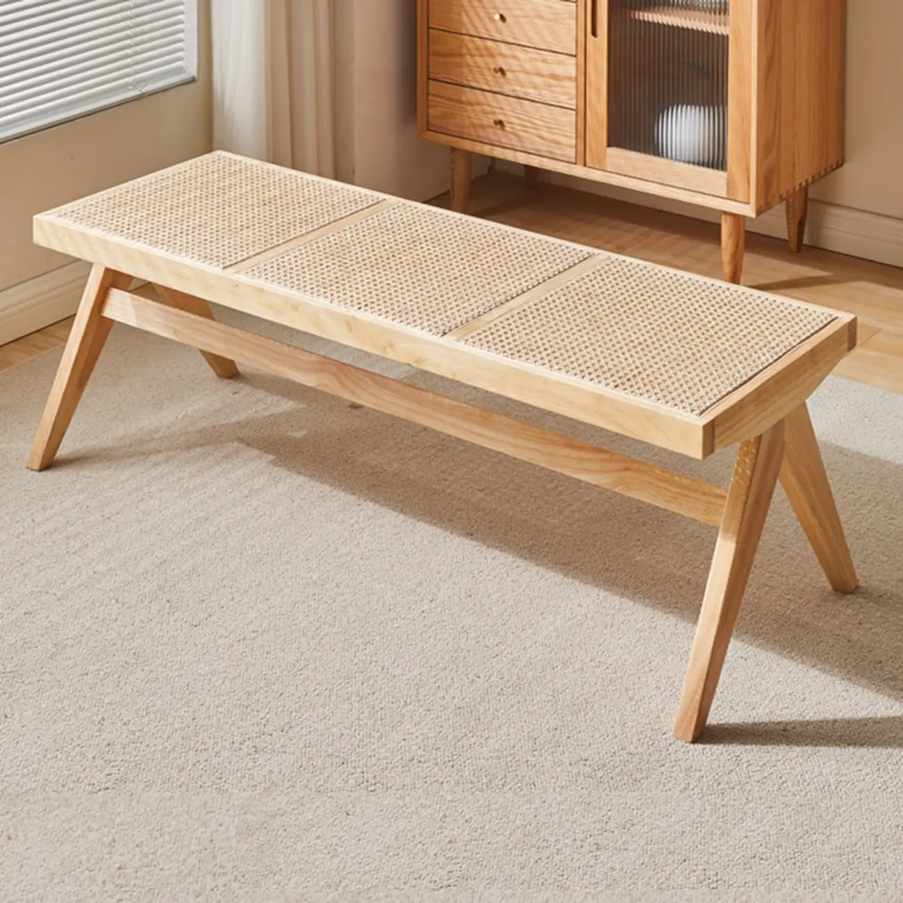 Elegant Rattan Top Finish Wooden Rectangular Cherry Benches