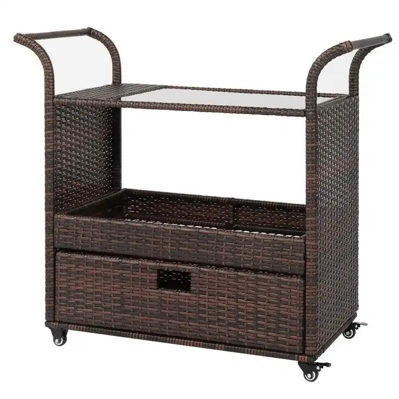 Outdoor/Indoor Wicker Bar Cart with Storage Cabinet