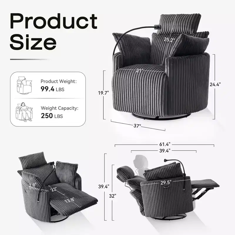 Gray / White Corduroy Swivel Recliner Chair, Adjustable Backrest & Footrest, Phone Holder – 1-Seat