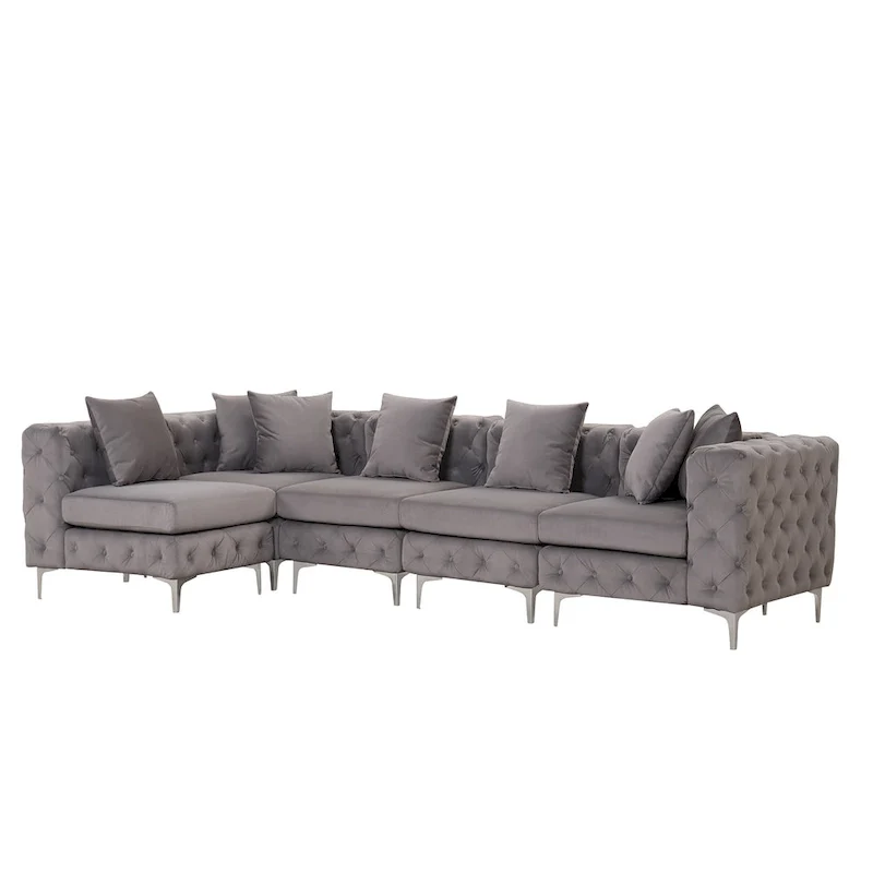 Large L-Shaped Modular Sofa, 5-Seat Velvet Sectional Couch