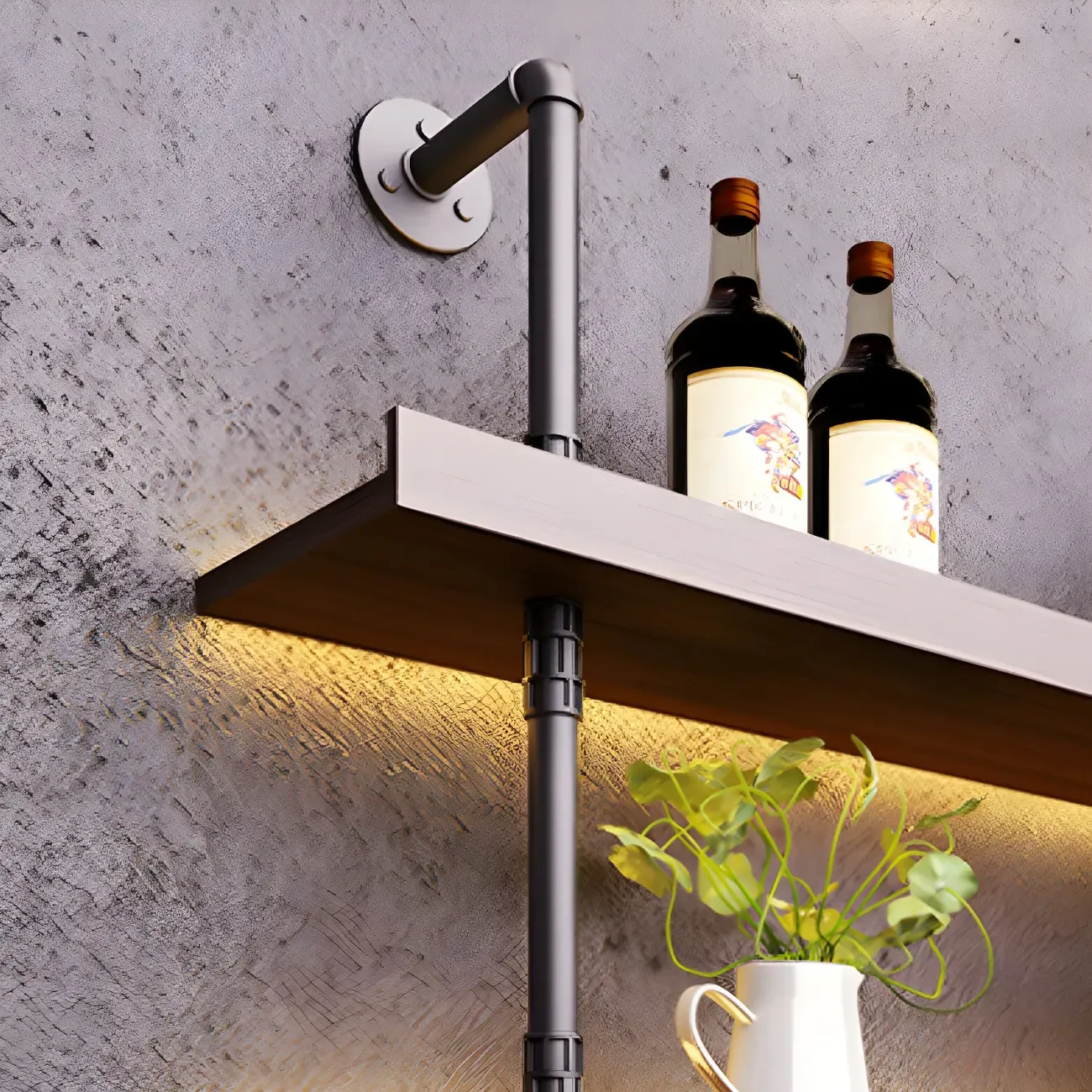 Brown Pine Wood Wall-Mounted Wine Rack with Light