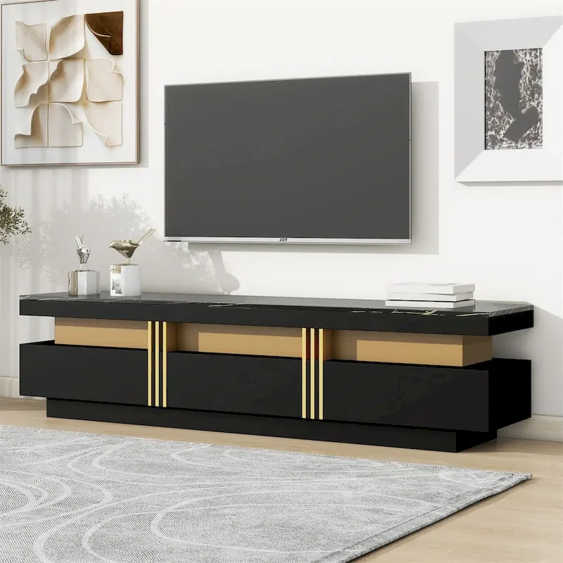 White Marble TV Stand with Gold Trim - 3 Drawer Media Console (68.8