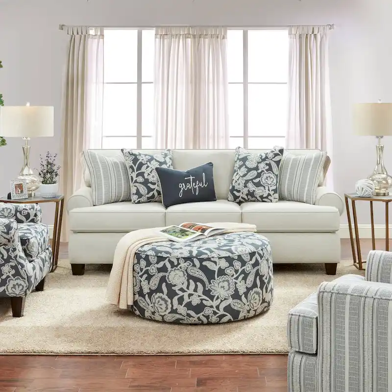 Chestnut Transitional Round Ivory Chenille Cocktail Ottoman by Furniture of America