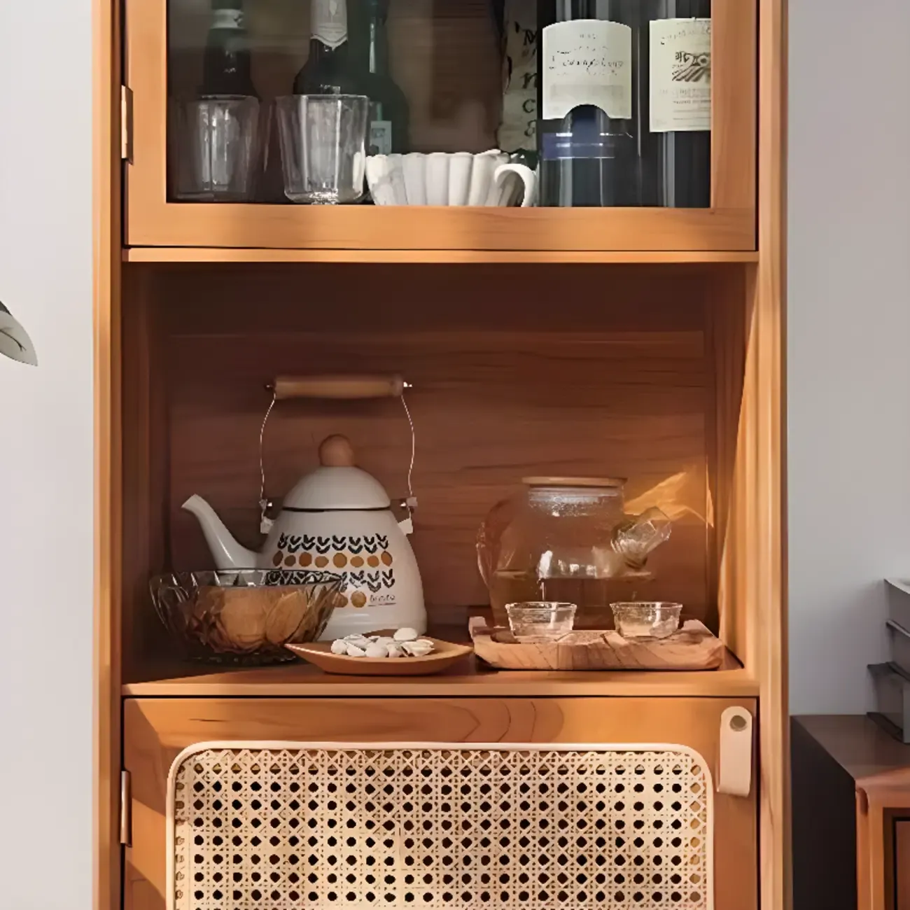 3-Tier Versatile Natural Cherry Wood Glass Rattan Utility Cabinet