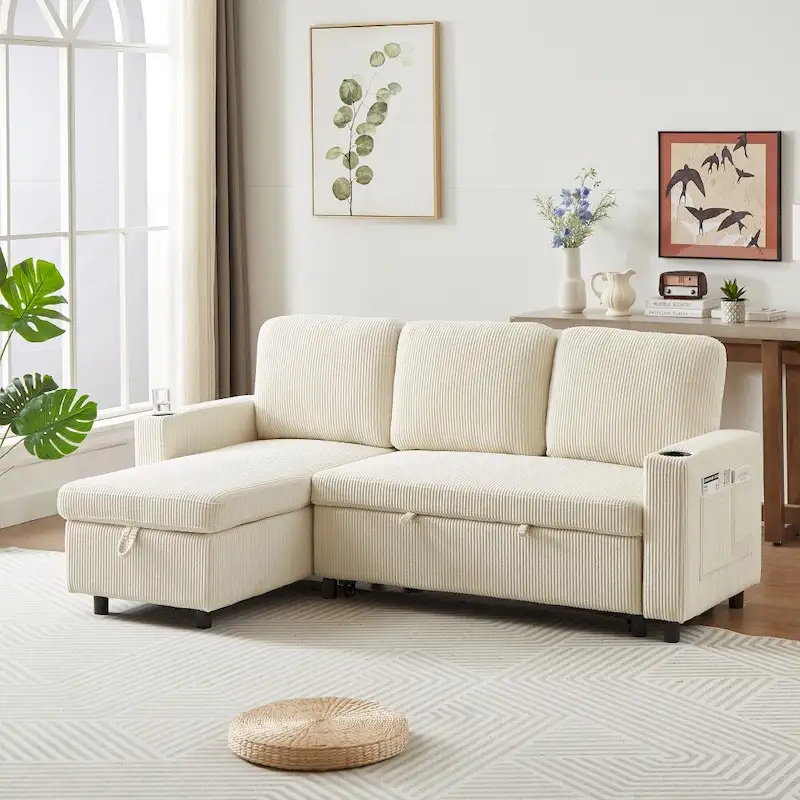 L-Shaped Comfortable Corduroy Combo Sofa with Pullout Bed and Storage