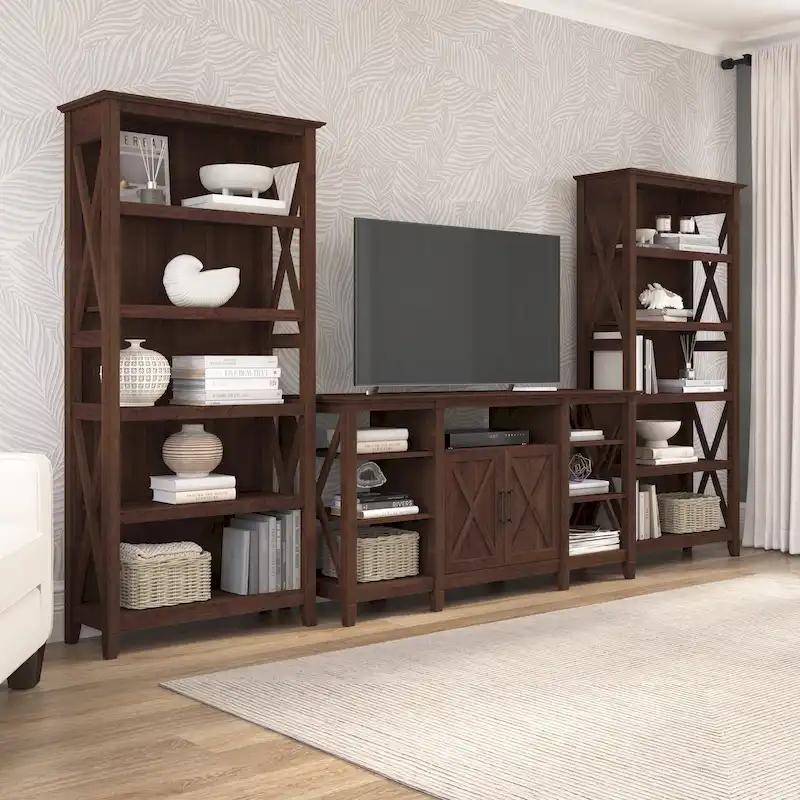 Tall Farmhouse TV Stand with 2 Bookcases by Bush Furniture