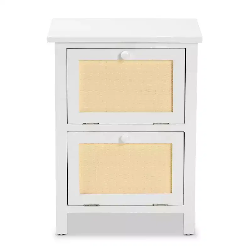 Sariah Wood Rattan 2 Door Nightstand White - Baxton Studio
