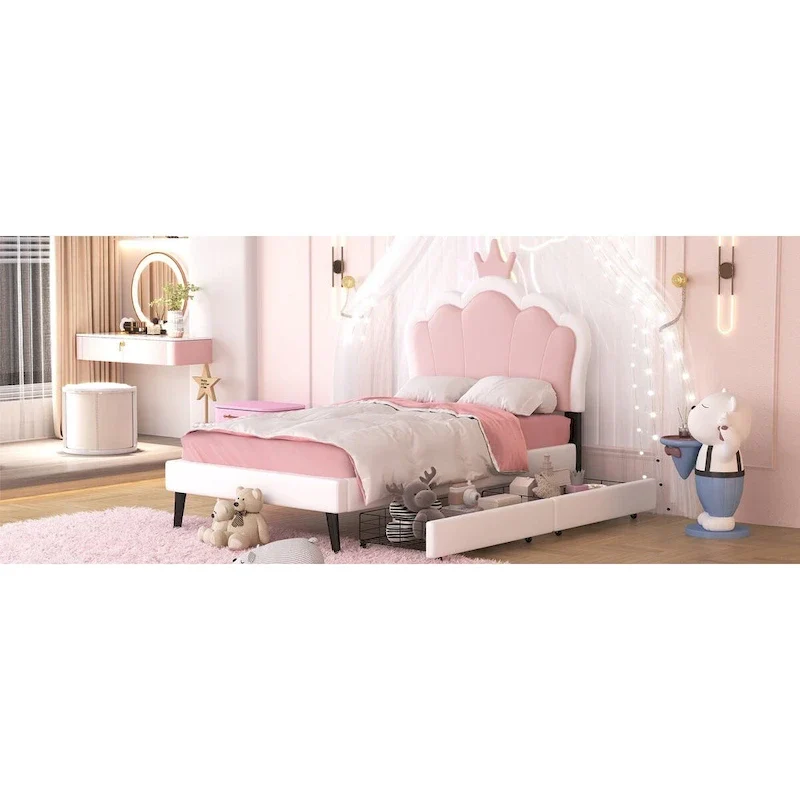 Upholstered Princess Bed with Crown Headboard & Drawers