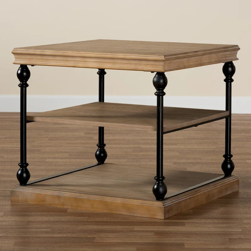 Sebastian Traditional Industrial Wood and Black Metal 3-Tier End Table