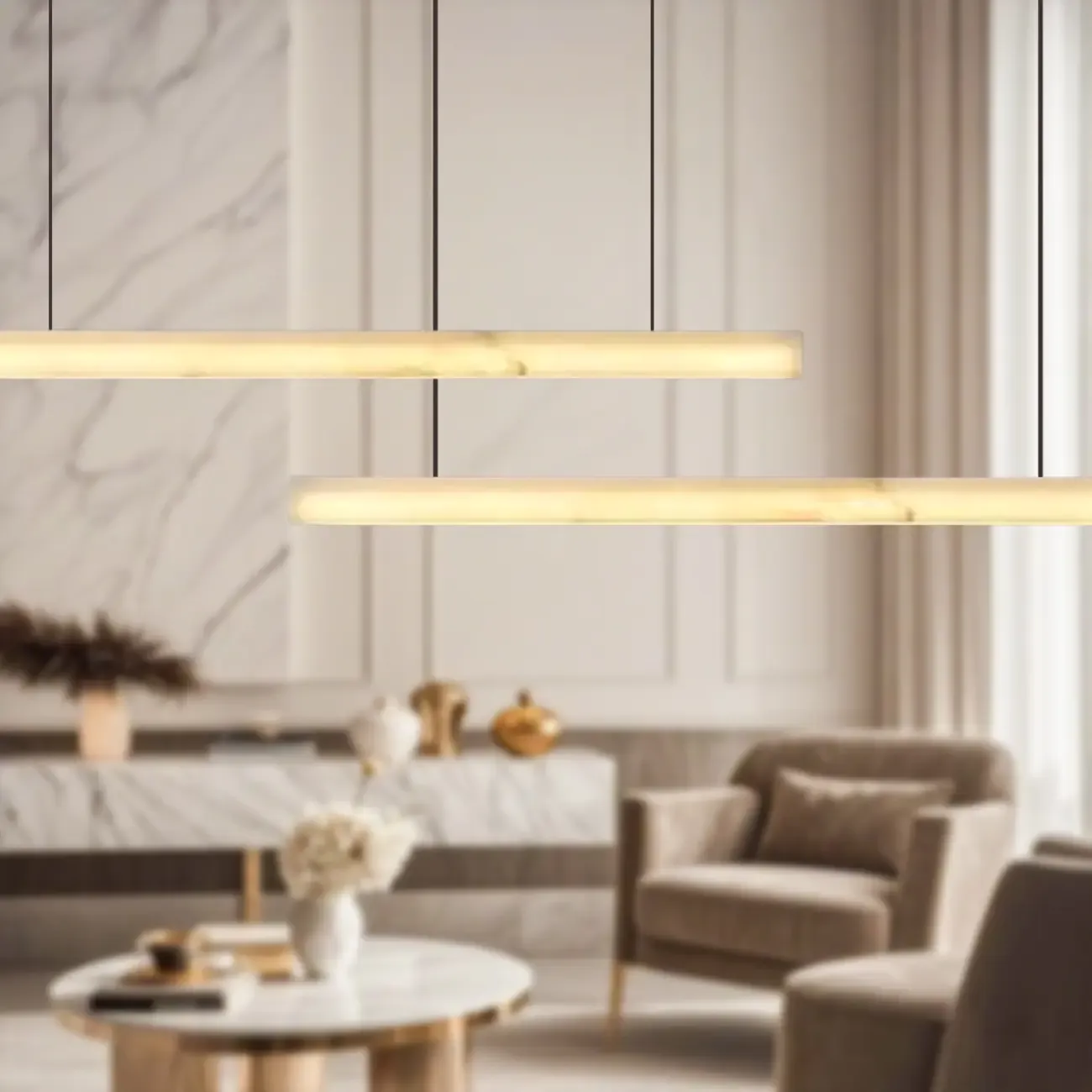 White Stone Linear LED Island Pendant Light In Rectangle Shape
