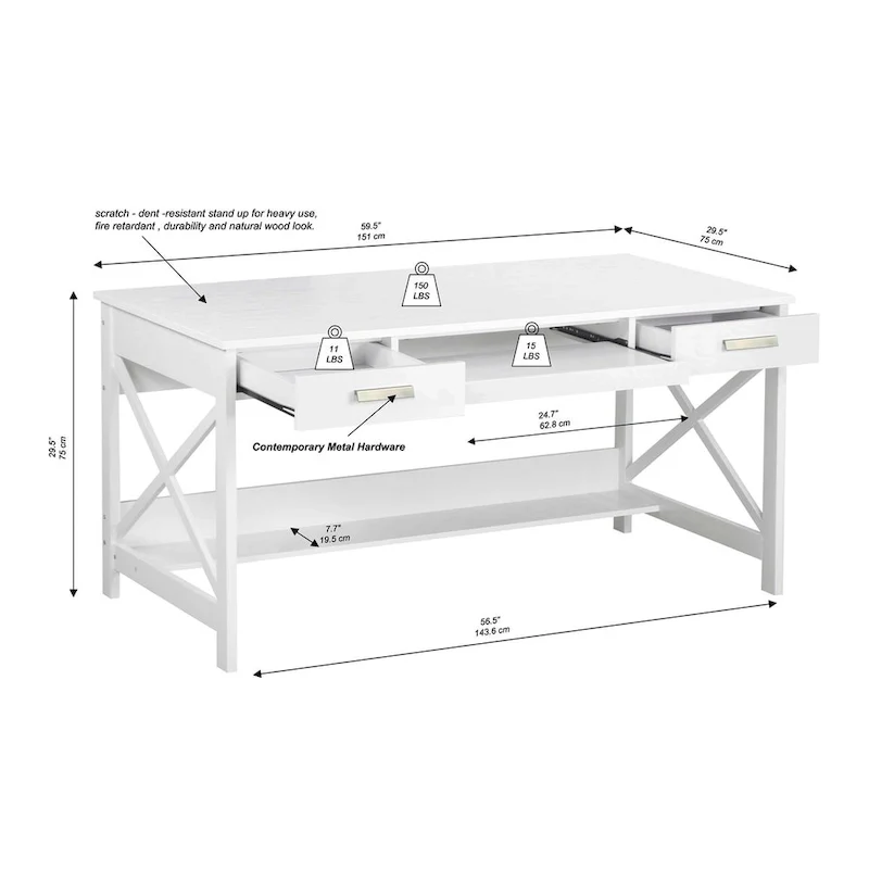 59.5-Inch Modern Farmhouse Writing Desk with Two Drawers, Home Office Wood Desk