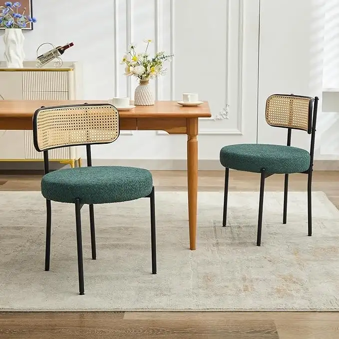 XINMICS Mid-Century Modern Dining Chairs, Boucle Upholstered Metal Side Chair with Rattan Cane Back, Set of 2 - set of 2