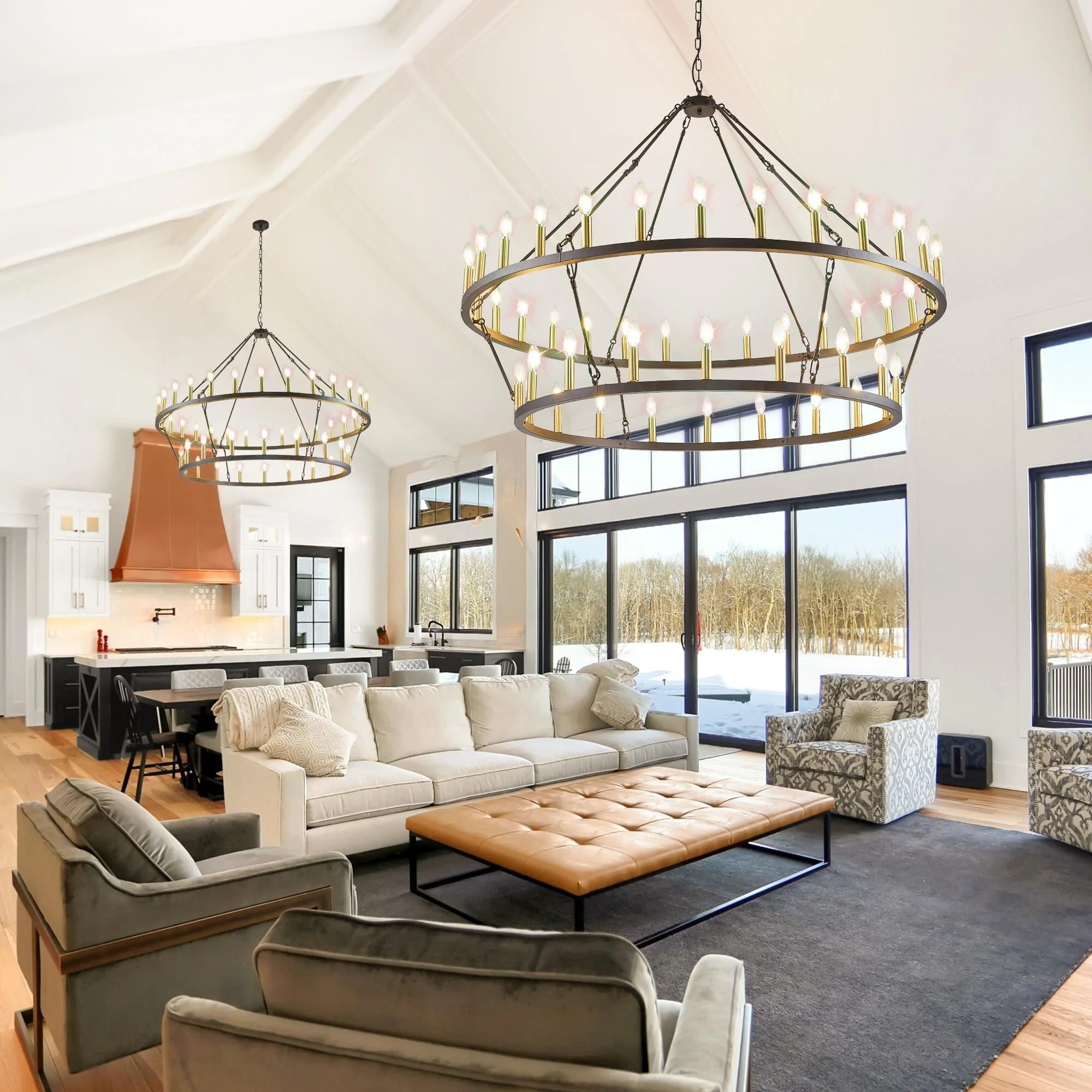 Modern Farmhouse Chandelier 2 Tier Round Wagon Wheel Chandelier Large High Ceiling Light.