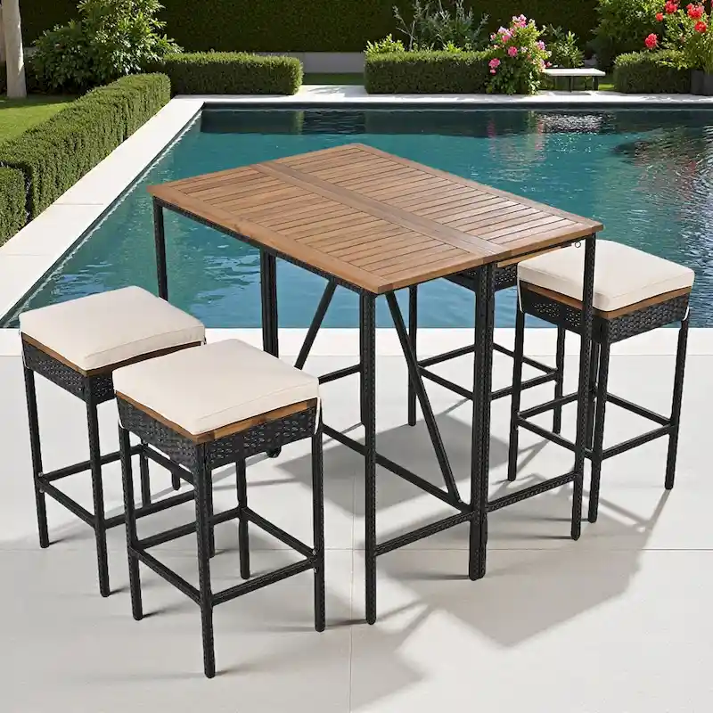 5-Piece Outdoor Patio Counter Height Foldable Dining Set with 4 Cushioned Stools, Acacia Wood Foldable Table