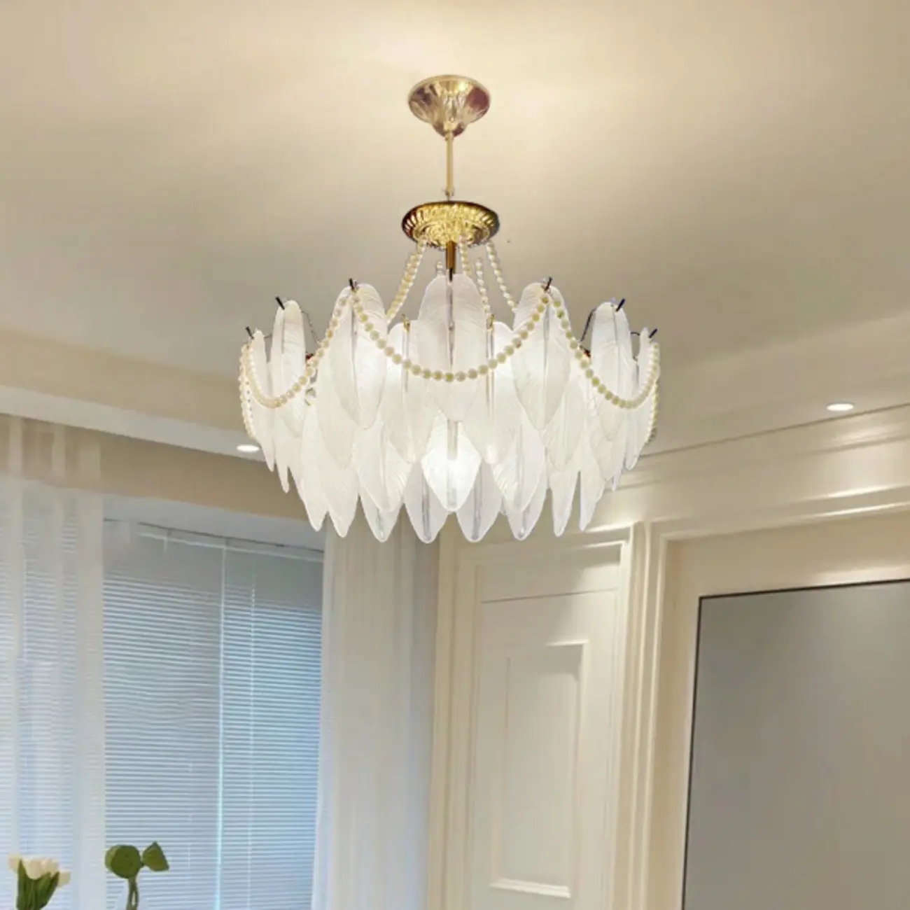 Vintage Crystal Chandelier with Glass Feather Lampshade