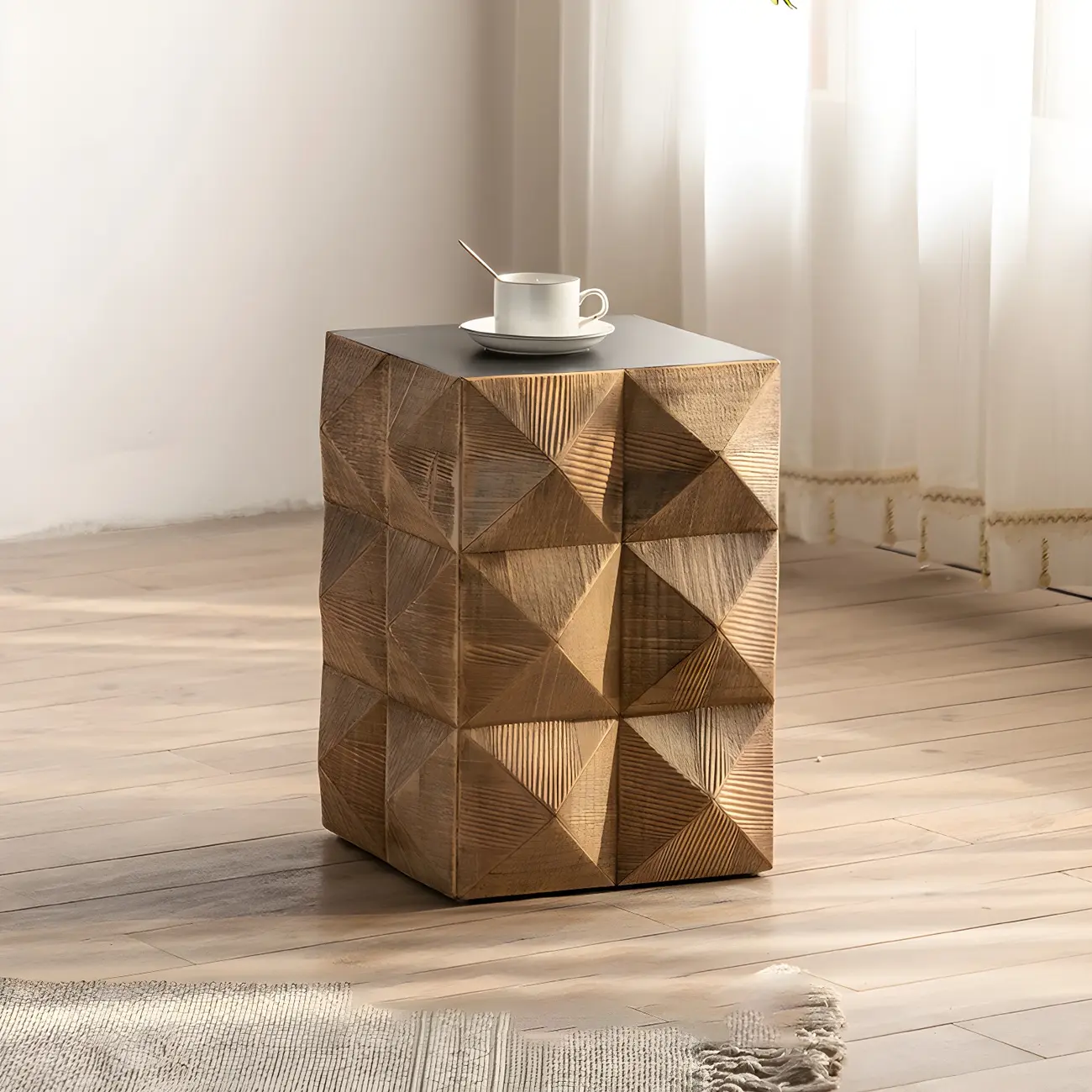 Elegant Geometric Wooden Block Accent Side Table