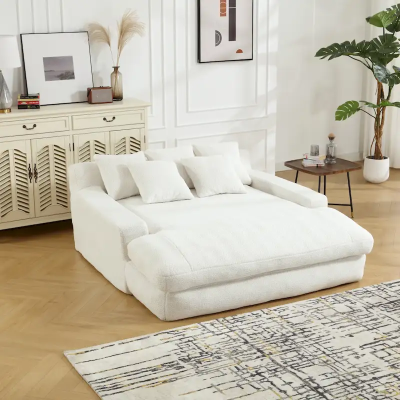 Chenille Upholstered 2-seater Deep Seat lazy sofa bed With 5 back pillows