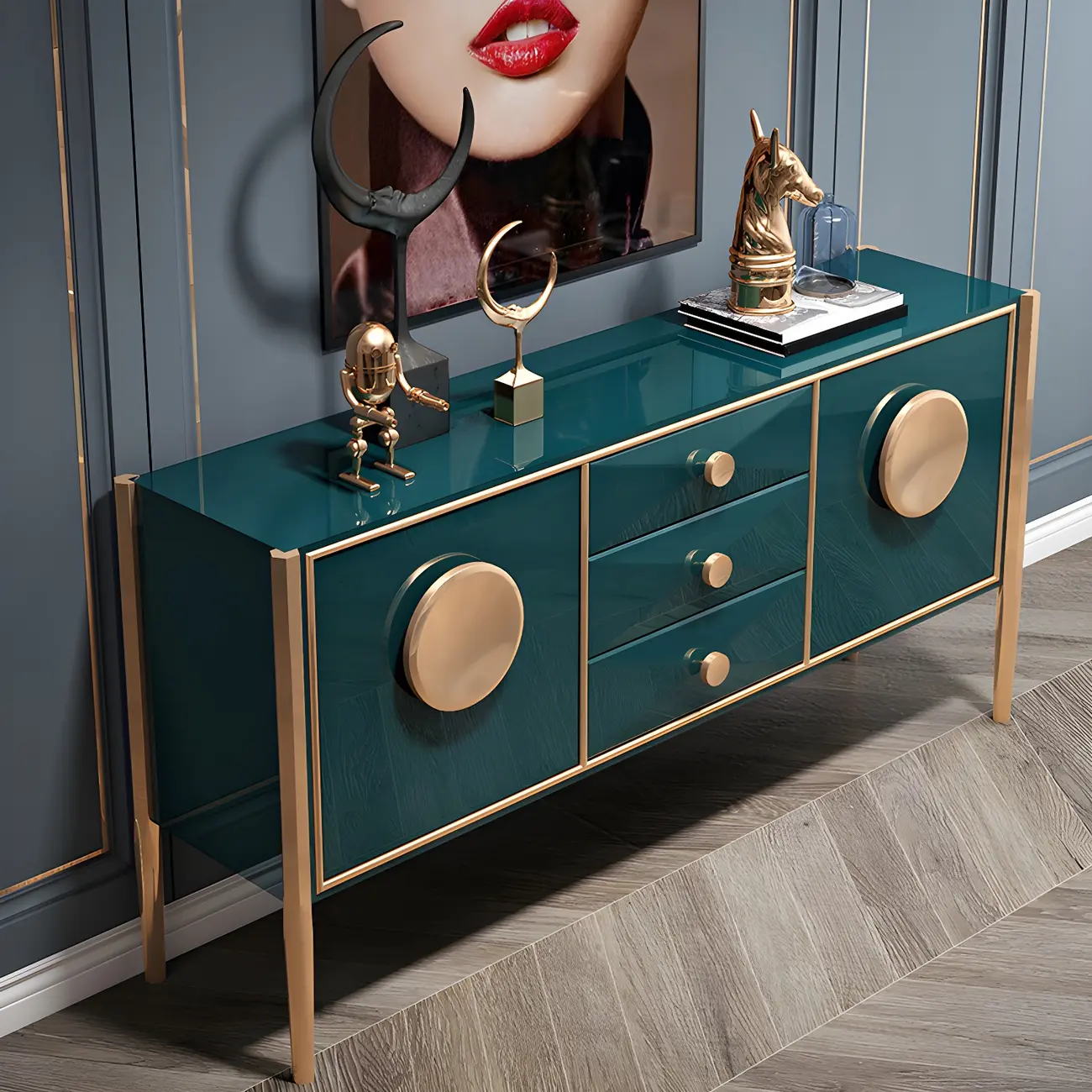 Modern Glossy Wooden Buffet Table with Drawers & Cabinets
