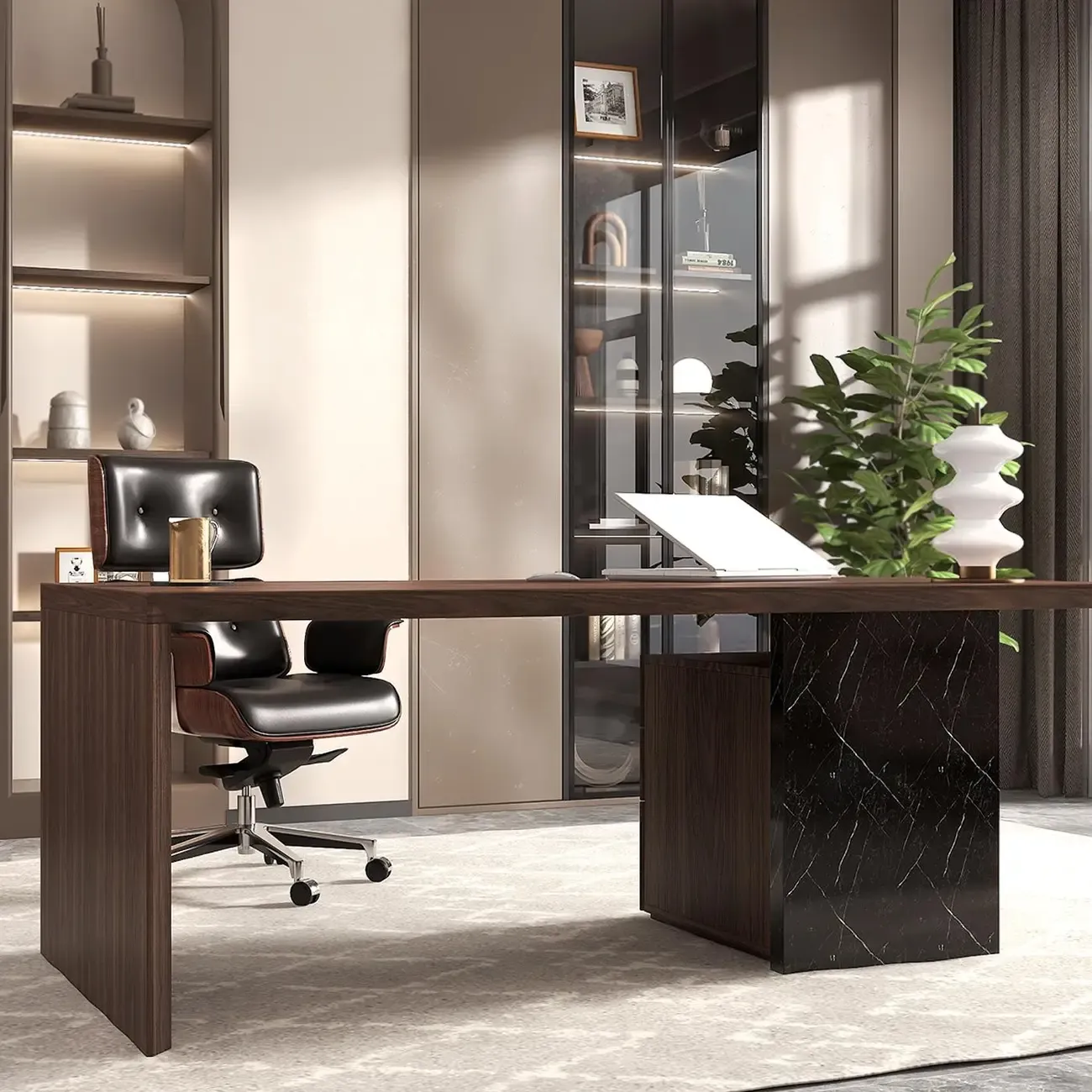 Modern Wood Leather Adjustable Swivel Black Executive Chair