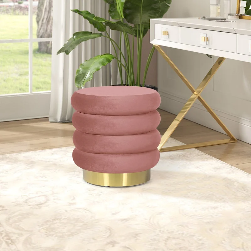 Adeco Round Velvet Ottoman Upholstered Foot Stool
