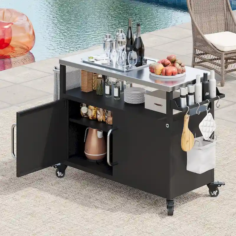 54.5 Outdoor Kitchen Island with Stainless Steel Tabletop, Metal Grill Cart Table with Storage Cabinet, Spice Rack
