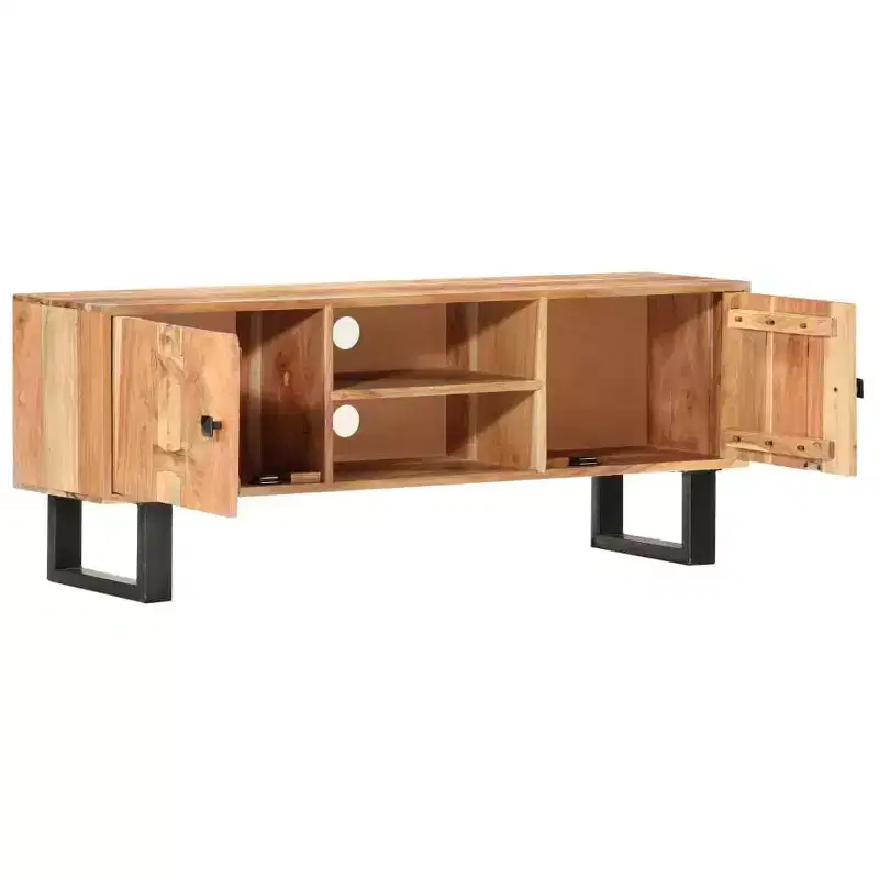 Brown Solid Acacia Wood TV Stand, 2-Door Media Console, Fits up to 40