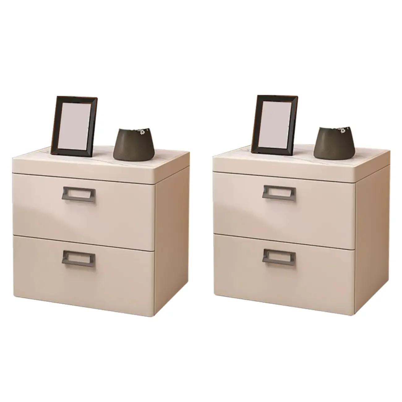 Modern Faux Leather 2 Drawers Nightstand with Stone Top