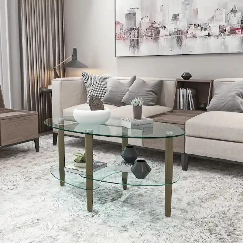 Oval glass coffee table, Transparent coffee table, modern table in living room with Oak wood legs, tea table