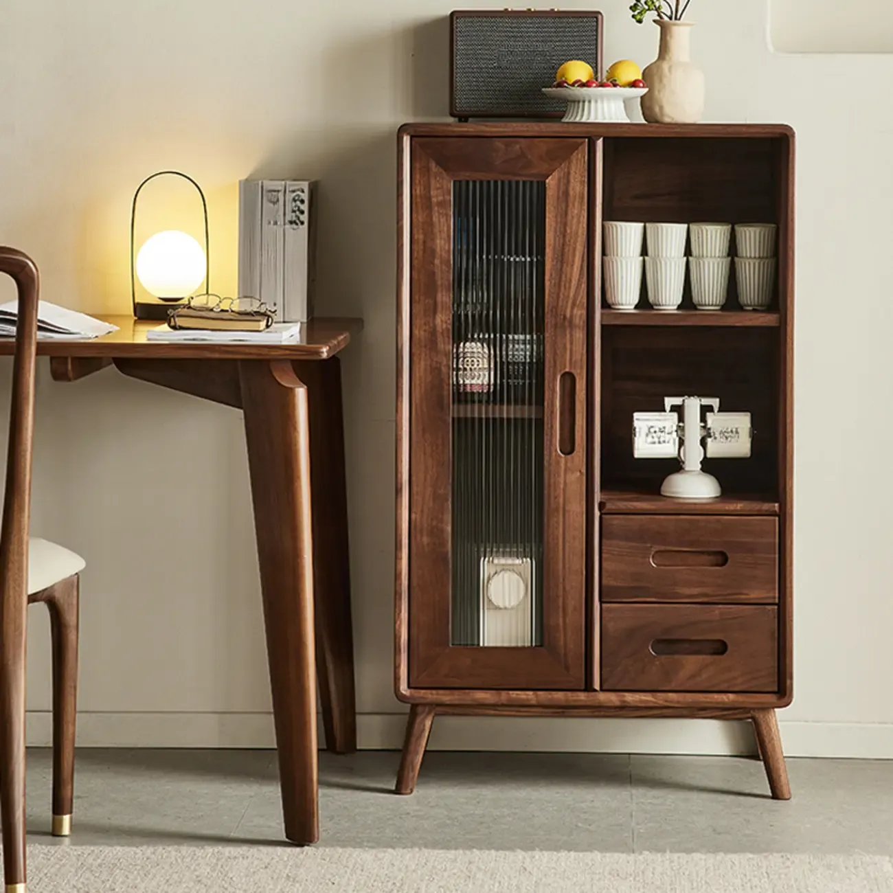 Elegant Wooden Display Cabinet with Drawers and Glass Door