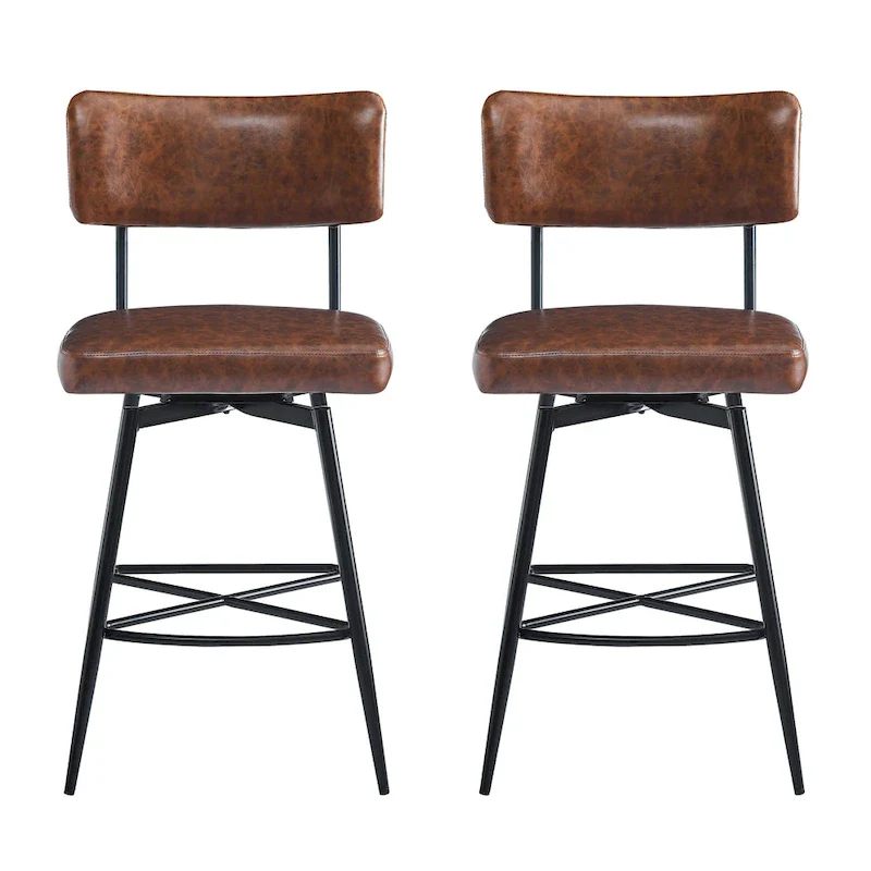 26 Retro Swivel Counter Stools, Set of 2 PU Leather Bar Chairs with Cushioned Seat and Iron Frame