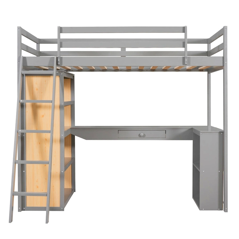 Loft Bed with Desk, Shelves, Drawer, and Ladder, Full-Length Guardrail