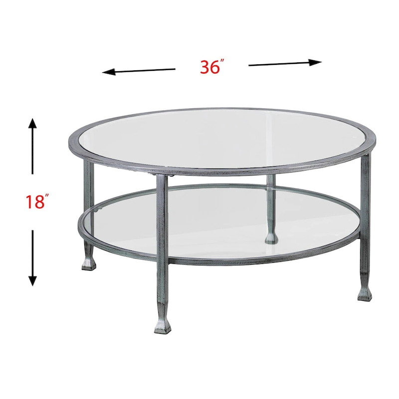 SEI Furniture Glenn Distressed Silver Round Coffee Table with Glass Top and Shelf