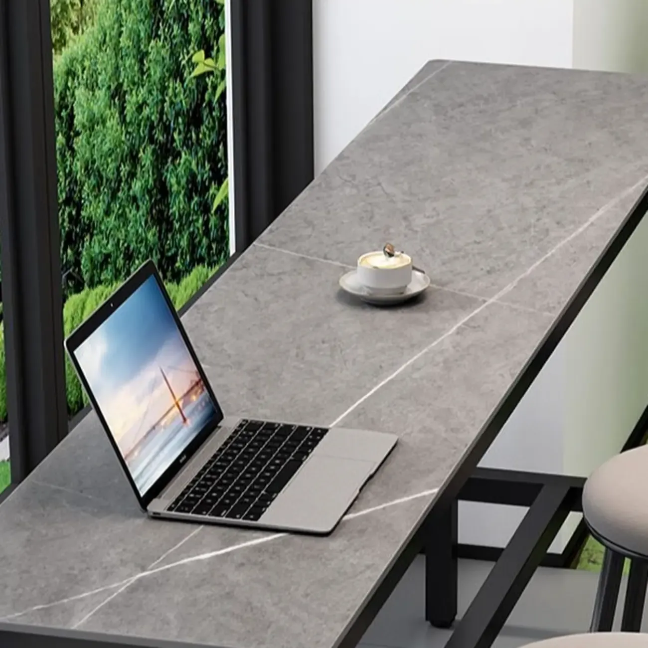 Modern Grey Stone Top Bar Height Table with Trestle Base