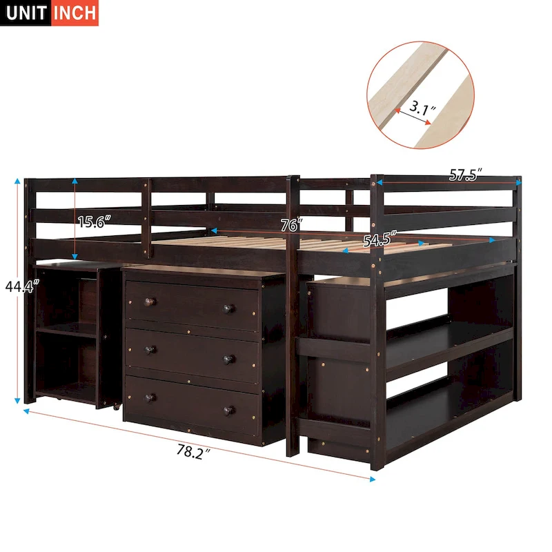 Full Pine Multifunctional Loft Bed with Movable Desk