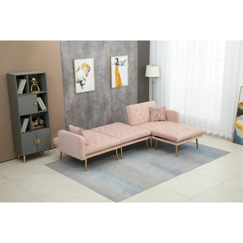 Polyester Upholstered Tufted Sleeper L-Shaped Sectional Sofa With Ottoman