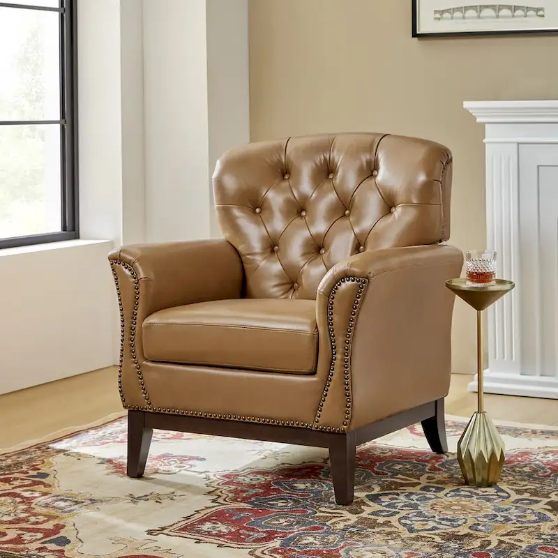 Traditional Genuine Leather Accent Chair with Tufted Wing Back