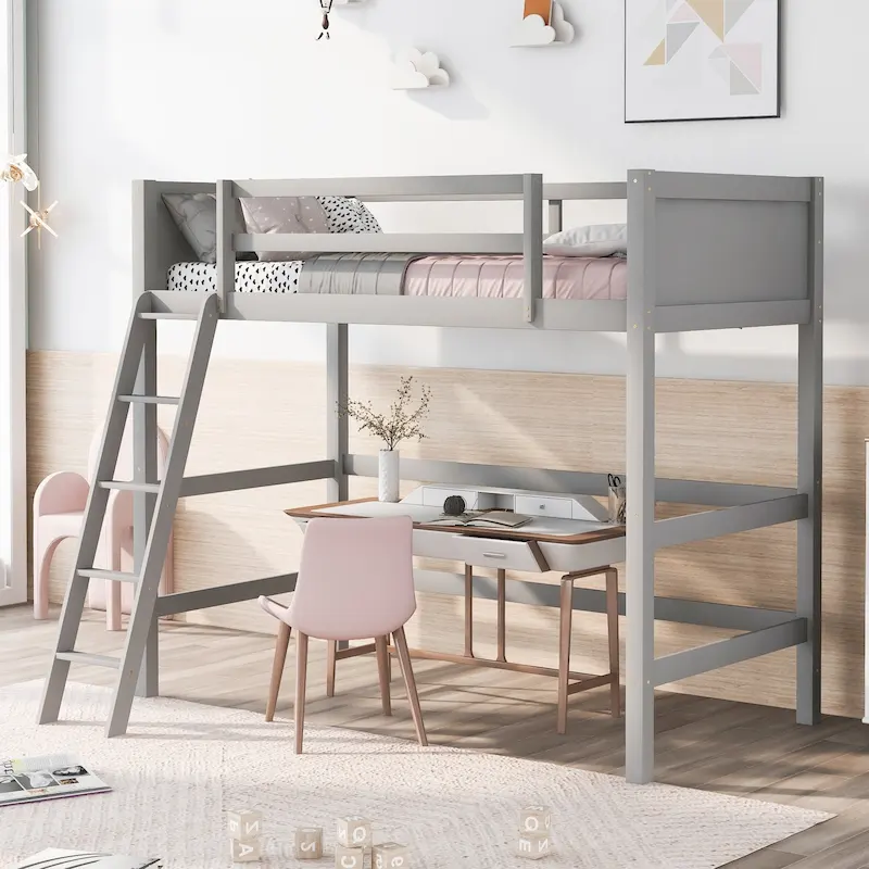 Gray Twin Size Solid Wood Loft Bed with Ladder and Fence