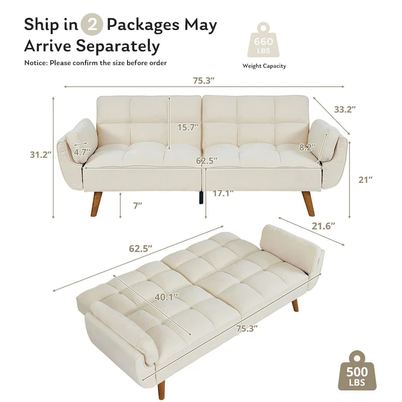 Futon Sofa Bed, Convertible Folding Futon Couch Recliner Lounge For Living Room With 2 Pillow/Armrest