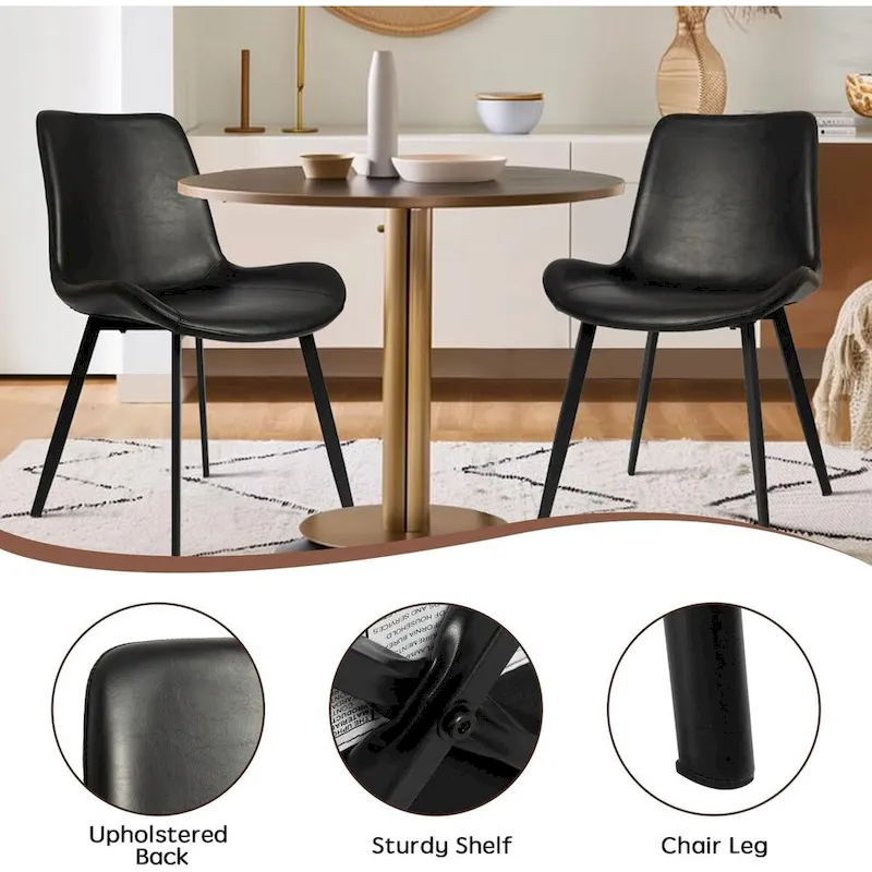 CangLong Mid Century Dining Chairs with Soft PU Leather Cushion Seat&Metal Legs,Set of 2,Black